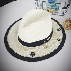 The new rivet flower summer hat of 2016 South Korea edition is black and white patchwork straw hat, pearl straw hat, pearl straw hat, pearl flower hat M (56-58cm), pearl flower hat, double color, rice white (flat shape)