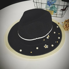 The new rivet flower summer hat of 2016 Korea edition is black and white patchwork straw hat fashion hat pearl straw hat summer hat for women M (56-58cm) pearl flower hat -- double color -- black (flat shape)
