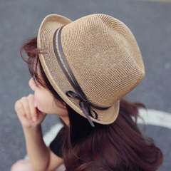 Women's summer flat roof, hat, sunshade, bow tie, grass hat M (56-58cm) Khaki Short cap