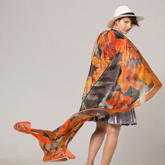 Bulgarian designer Klara silk hand-painted luxury wedding, oversized scarves, shawls, orange Lily