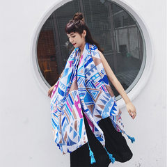 The new folk style beach towel all-match art large size Cotton Striped Scarf fringed with stamp