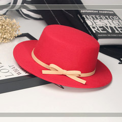 Autumn and winter England retro black top hat women`s trend Korean style bowknot woollen hat men`s jazz hat trend M (56-58cm) beige belt top hat - red