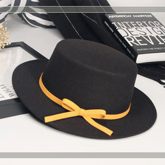 Autumn and winter England retro black top hat women trend Korean style bowknot woollen hat men`s jazz hat trend M (56-58cm) bright yellow top hat with black