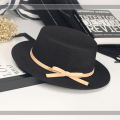 Autumn and winter England retro black top hat women`s trend Korean style bowknot woollen hat men`s jazz hat trend M (56-58cm) beige belt top hat - black