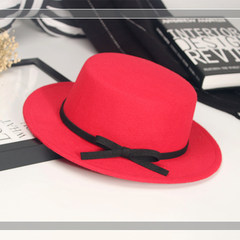 Autumn and winter England retro black top hat women`s trend Korean style bowknot woollen hat men`s jazz hat trend M (56-58cm) black belt top hat - red