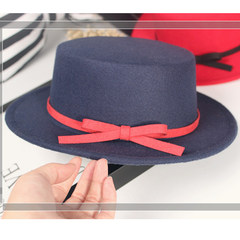Autumn and winter England retro black top hat women`s fashion bow hair hat men`s jazz hat trend M (56-58cm) watermelon red ribbon hat - navy blue