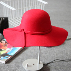 Woollen hat lady spring and autumn and winter Korean style fashionable jazz hat European and American British style big eaves small pepper with a small hat M (56-58cm) large edge bow big red