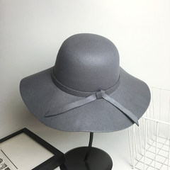 Woollen hat female spring and autumn and winter Korean style fashionable jazz hat European and American British style big eaves pepper with a small hat M (56-58cm) large edge bow gray