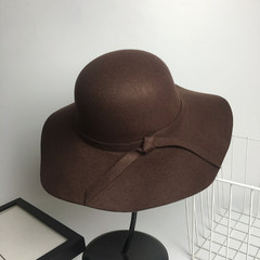 Woollen hat lady spring and autumn and winter Korean style fashionable jazz hat European and American English style big eaves pepper with a small hat M (56-58cm) large bowknot coffee