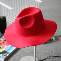 Woollen hat lady spring and autumn and winter Korean style fashionable jazz hat European and American English style big eaves pepper the same style of small gift hat M (56-58cm) red cut edge solid color cone top