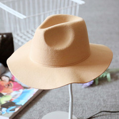 Woollen hat lady spring and autumn and winter Korean style fashionable jazz hat European and American English style big eaves pepper the same style of small gift hat M (56-58cm) khaki color cut edge solid color cone top