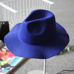Woollen hat lady spring and autumn and winter Korean style fashionable jazz hat European and American English style big eaves pepper the same style of small gift hat M (56-58cm) sapphire blue cut edge solid color cone top