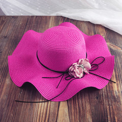 Sweet straw hat children summer fashion version of the fisherman`s pot hat cute cat ears summer gift hat S (54-56cm) rose red iris wave