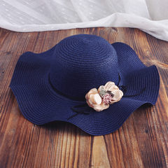 Sweet straw hat children summer fashion version of the fisherman`s pot hat cute cat ears summer gift hat M (56-58cm) navy blue iris wave