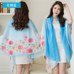 Changeable shawl, scarf, magic silk scarf, multi-purpose 100% women`s summer sun protection coat, long style chiffon 2017 new flower naaman blue