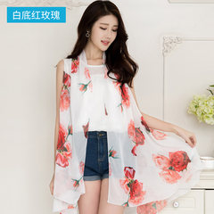Changeable shawl, scarf, magic silk scarf, multi-purpose 100% women`s summer sun protection coat, long style chiffon 2017 new white background red roses
