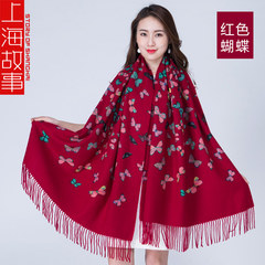 Shanghai story 2016 autumn and winter new cashmere scarf cape dual-use double-sided corrugated quality 07- red butterfly