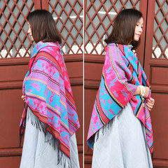 Scarf Shawl folk style female summer air conditioning all-match Ms. Lijiang long winter dual sided Cape thickening Blue rose Dongba style - double face