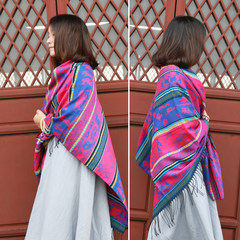 Scarf Shawl folk style female summer air conditioning all-match Ms. Lijiang long winter dual sided Cape thickening Blue - sided Dongba style