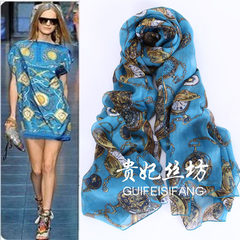 2017 south Korean version of spring and autumn silk scarves, lady mulberry silk scarves, sunscreen shawl, dual-use blue clock and blue clock, 1.95 wide *1.35 meters long