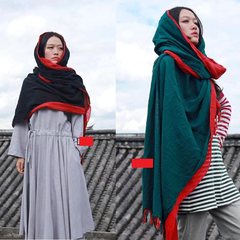 Autumn and winter Nepal 3 meters long super scarf, two colors of red and green, Tibet women's art, Bohemia sunscreen big shawl Red + black (fringed)