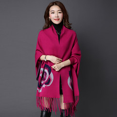 Korean print women's cheongsam, shawls, scarves dual-use, with sleeves, coats, shawls, cashmere, winter tassels, shawls Purple Rose