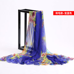 Spring and autumn new lady print scarf flower chiffon silk scarf flower thin gauze scarf shawl beach towel turban feather - sapphire blue