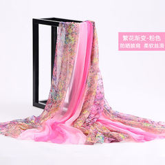 Spring and autumn print chiffon silk scarves Korean version of women`s long thin gauze scarves changeable shawl scarves foreign trade flowers gradual change - pink