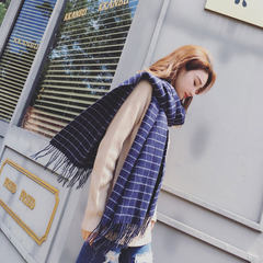 Female students of Japanese Korean Winter Scarf small fresh all-match long double thick warm Plaid lady Navy