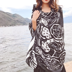 2017 spring and autumn folk style cotton scarf scarf long black and white female totem sunscreen seaside tourist beach towel Black Totem