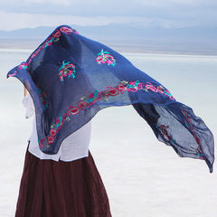 Korean folk style super retro embroidery cotton scarf shawl scarves women spring summer travel dual-use sunscreen Navy