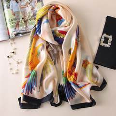 European and American high-end silk scarves, scarves, scarves, beach sunshade shawls, mulberry silk scarves, summer parrots, beige.