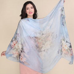 2017 summer new silk scarves, women's long wear, light silk scarves, sunscreen shawls, beach scarves, butterfly love blue flowers.