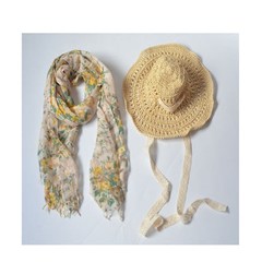 Fresh linen scarf and stamp perforations thin breathable sunscreen small Floral Scarf Shawl Red Floral Scarf + beige hat