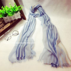 The spring stripe cotton scarf female Korean linen summer all-match long oversized Scarf Shawl female beach sunscreen Blue Striped Cotton