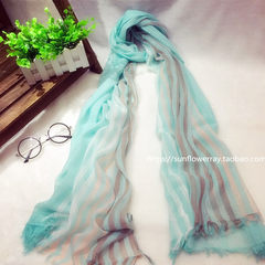 The spring stripe cotton scarf female Korean linen summer all-match long oversized Scarf Shawl female beach sunscreen Green Stripe Cotton Candy