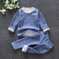 Children's clothing, children's thermal underwear sets, cotton boys, girls, plush, thickening, baby home pajamas, autumn and winter new style Deep blue, warm KT 110 yards tall, 92-106cm, 3-4 years old
