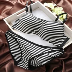 Japanese girls rims bra cotton bra set new winter comfort deep V gather underwear Stripe cotton suit 36/80B