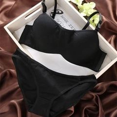 Japanese girls rims bra cotton bra set new winter comfort deep V gather underwear Black cotton suit 36/80B