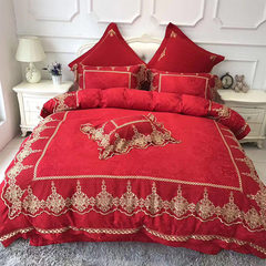 欧式美式高档新婚庆床品四件套1.8m床 大红色结婚床上用品家纺 床单款 1.5m（5英尺）床