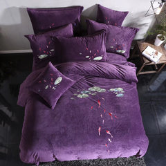 Coral velvet, four sets of baby embroidered process bedding, winter and winter thickening, warm 1.8 meters LMJ- deep purple 1.5m (5 feet) bed