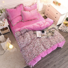 Korean version of all cotton coral velvet four piece cotton flannel autumn winter 1.5m1.8m bed Princess Princess bedding powder leopard 1.2m (4 ft) bed