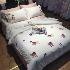 60s cotton four piece bedding warm winter color sanding simple embroidery bedding cotton Flamingo 1.5m (5 feet) bed