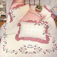 韩式60支长绒棉刺绣公主风纯棉四件套水洗花边全棉拼接粉床上用品 床单款 粉色草莓 1.5m（5英尺）床