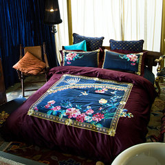 高端美式80支刺绣四件套 匹马棉长绒棉六件套样板房别墅床上用品 80支圣玛仙境（酱红）六件套 1.5m（5英尺）床