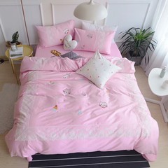 Small fresh cotton embroidered four piece cotton Cotton Pink Love fitted 1.8 meters twill bedding Bed linen Beauty cat 1.5m (5 feet) bed