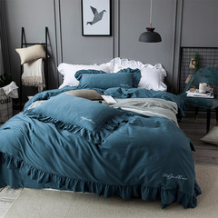Korean cotton four piece pure cotton thickened sanding simple lace bedding plain 1.5/1.8m prussian blue 1.5m (5 feet) bed