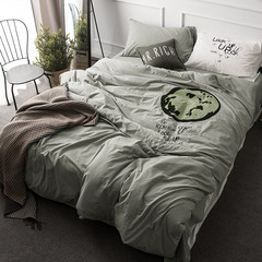 Small fresh hand washed cotton four piece fitted cotton bed linen bedding mix simple cartoon Bed linen Grey green 1.5m (5 feet) bed