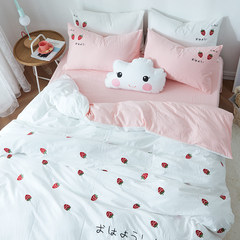 Pure cotton embroidered small strawberry, four sets of washable cotton embroidery, bed, Princess cotton, cute quilt, bed sheet, bed products Bed linen pink white 1.2m (4 feet) bed
