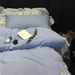 春夏纯棉蓝条纹花边四件套 简约小清新全棉荷叶边床上用品 蓝 1.5m（5英尺）床